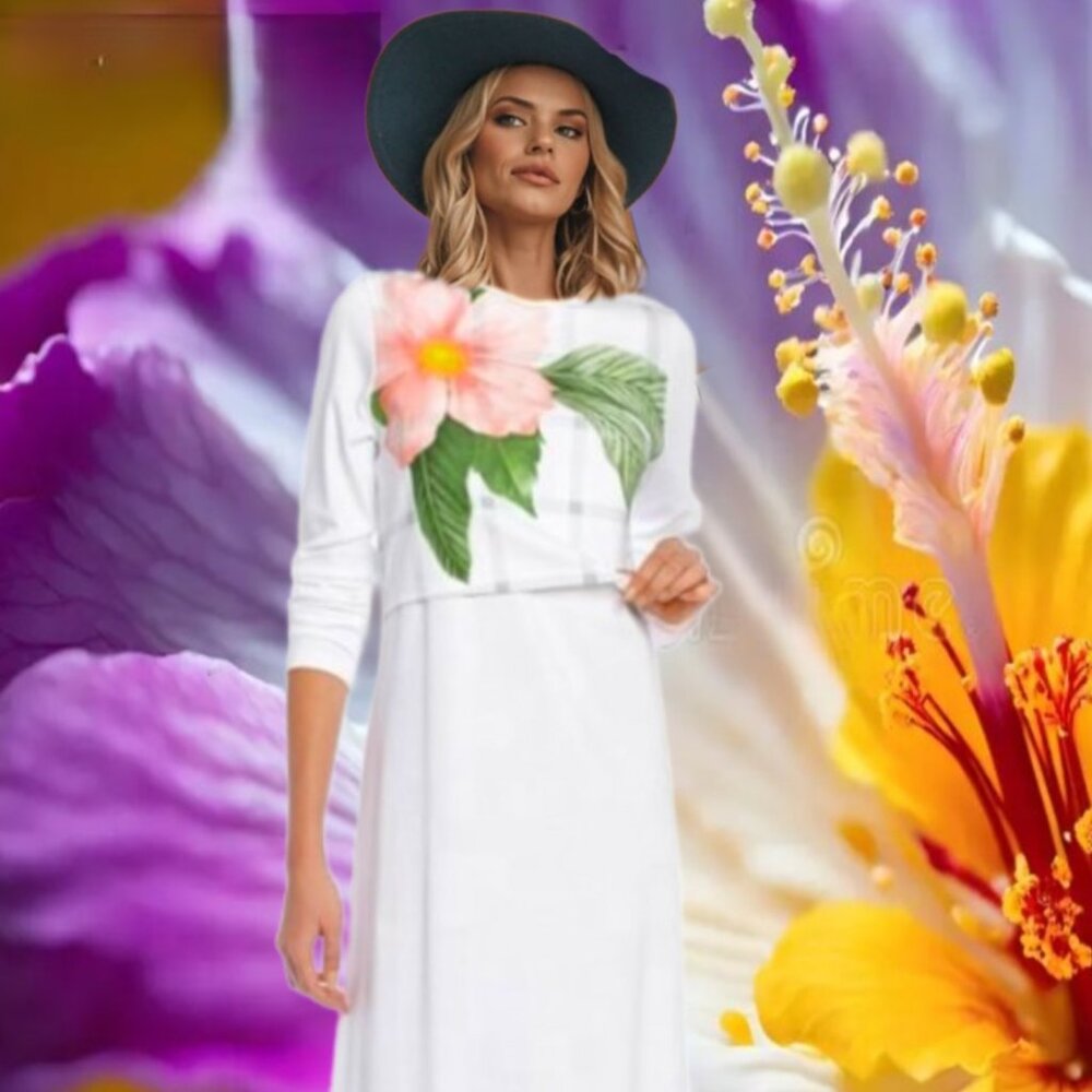 DONATELLA Bold Floral Accent Minimalist White Pima Cotton Maxi Dress Sz M